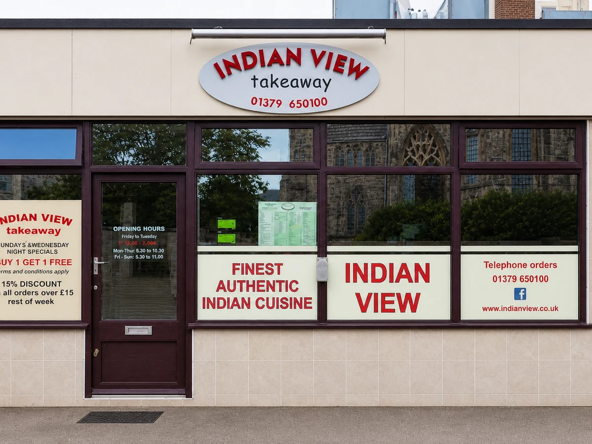 The Indian View takeaway shopfront on Church Street in Diss